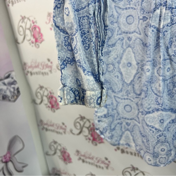 Eddie Bauer long sleeve pleated white Light Blue Paisley Shirt floral button up - Picture 6 of 12